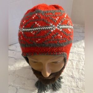 COLUMBIA SPORTSWEAR CO MADE IN TAIWAN UNISEX RED/GREY CHIN STRAPS KNIT HAT O/S